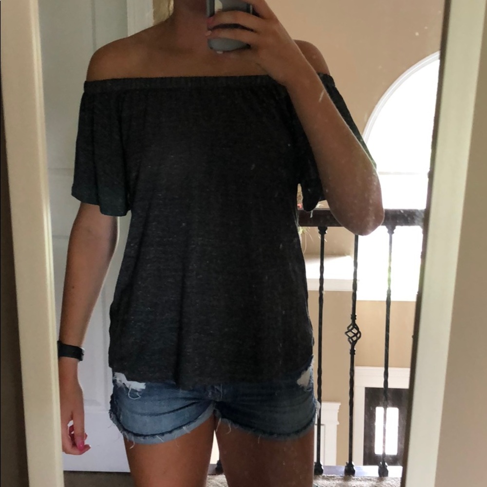 Off the Shoulder Gray and White Top